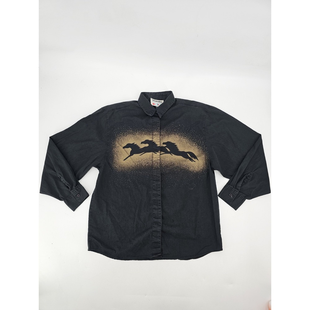 VTG Wrangler Western Button Up Blouse Shirt Black Gold Horse Detail W's‎ Sz M